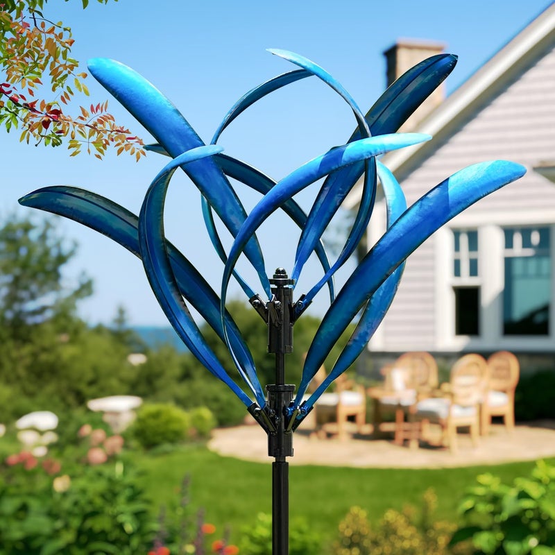 LimeHill Wind Spinner for Yard and Garden - Large Metal Kinetic Wind Sculptures for Outdoor Decorations (Blue Magnolia) - Image 1